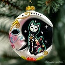Folkloric Siamese Cat Sugar Skull Glass Ornament, Celestial Crescent Moon Halloween Decor