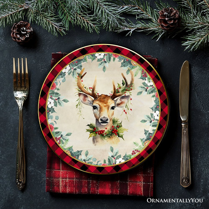 Decor Steals Special -  Holiday Cheer Set of 4 Plates with Real Gold Plaid Trim, Christmas Tableware Collection for Salad, Dessert, Appetizer, and Side Plates