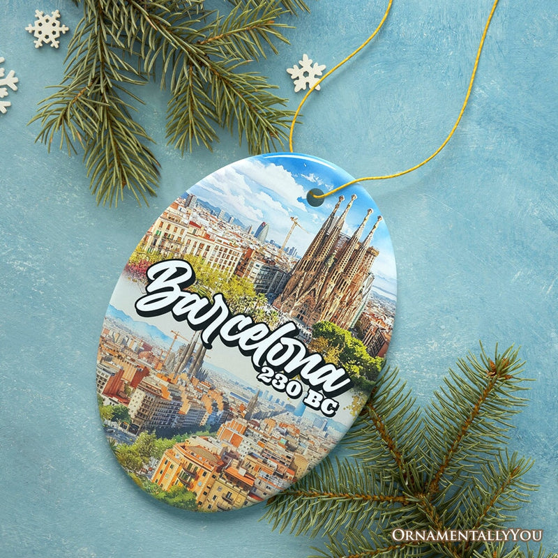 Illustrated Barcelona Landmarks Ceramic Ornament, Spain Travel Souvenir and Christmas Gift
