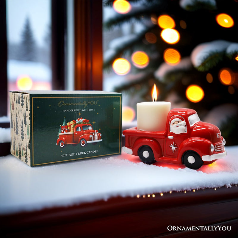 Red Truck with Santa Christmas Candle, Ceramic and Scented with an Invigorating Lemon Basil Fragrance