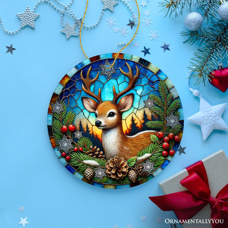 Majestic Winter Deer in Holly Branches Ornament, Enchanting Holiday Wonderland for Christmas Tree Decor
