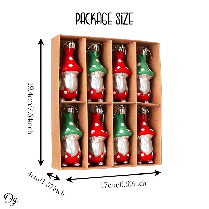 Red and Green Polka Dot Christmas Folksy Gnome Ornament Set, 8 Shatterproof Tree Gnomies