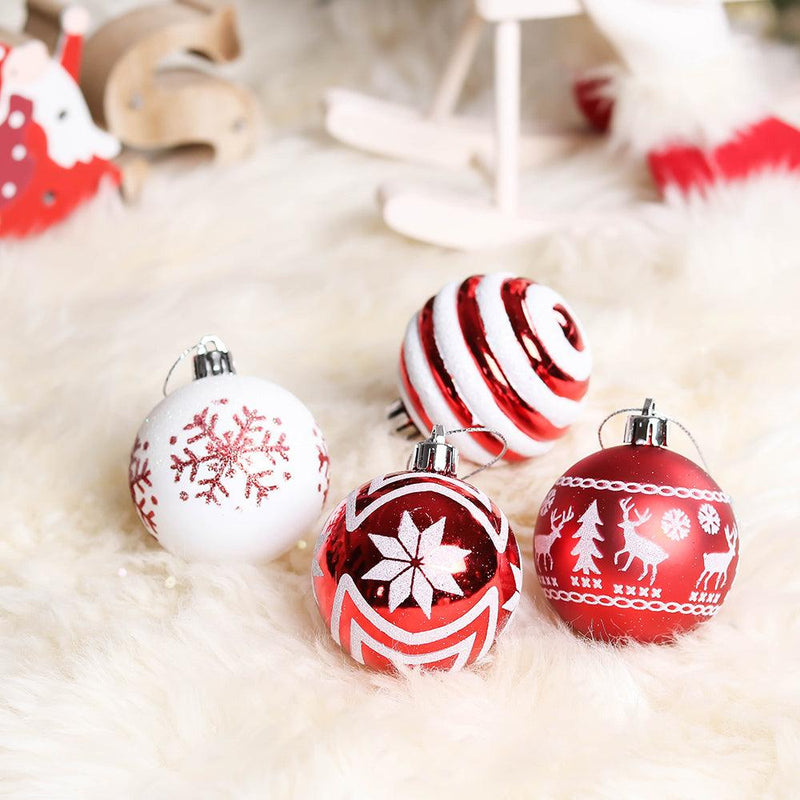 24 Red and White Ornament Balls, Assorted Christmas Glitter Baubles