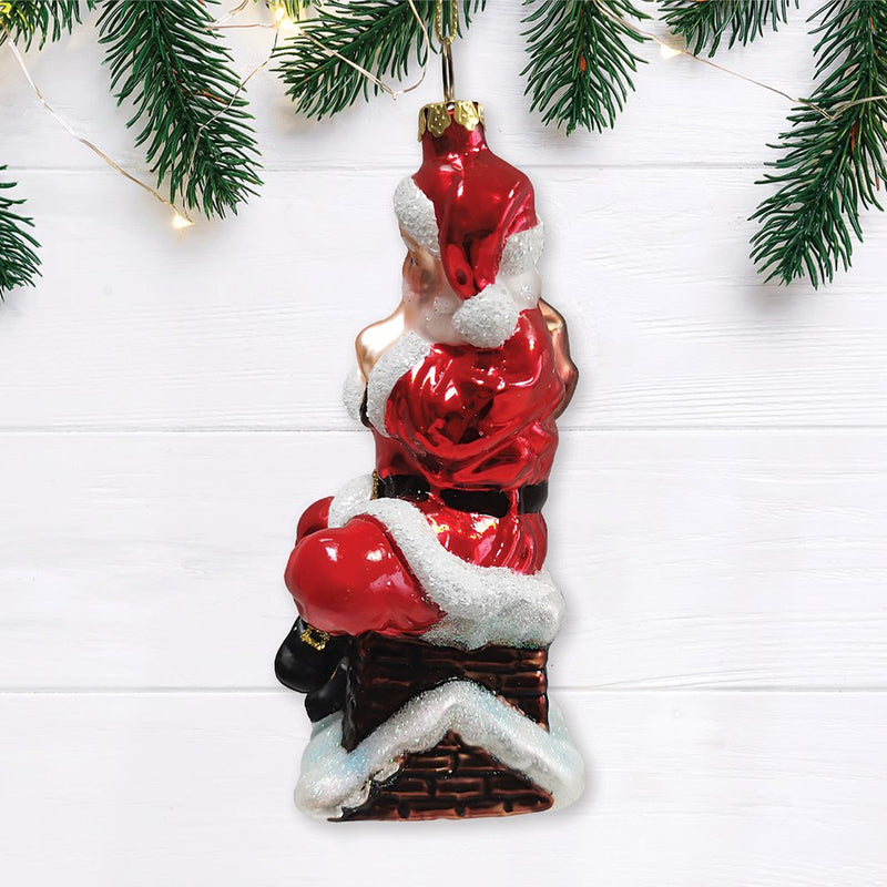 Santa Claus on Chimney Glass Christmas Ornament