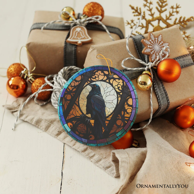 Stained Glass Creepy Dark Raven Ornament, Horror and Elegance