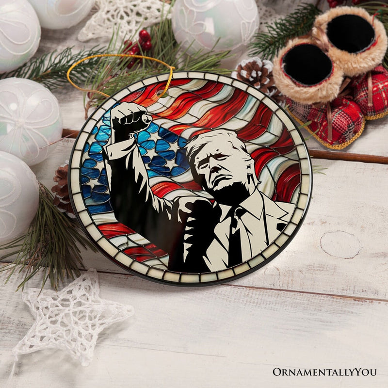 Trump with Raised Fist Stained Glass Christmas Ornament, American Pride Keepsake