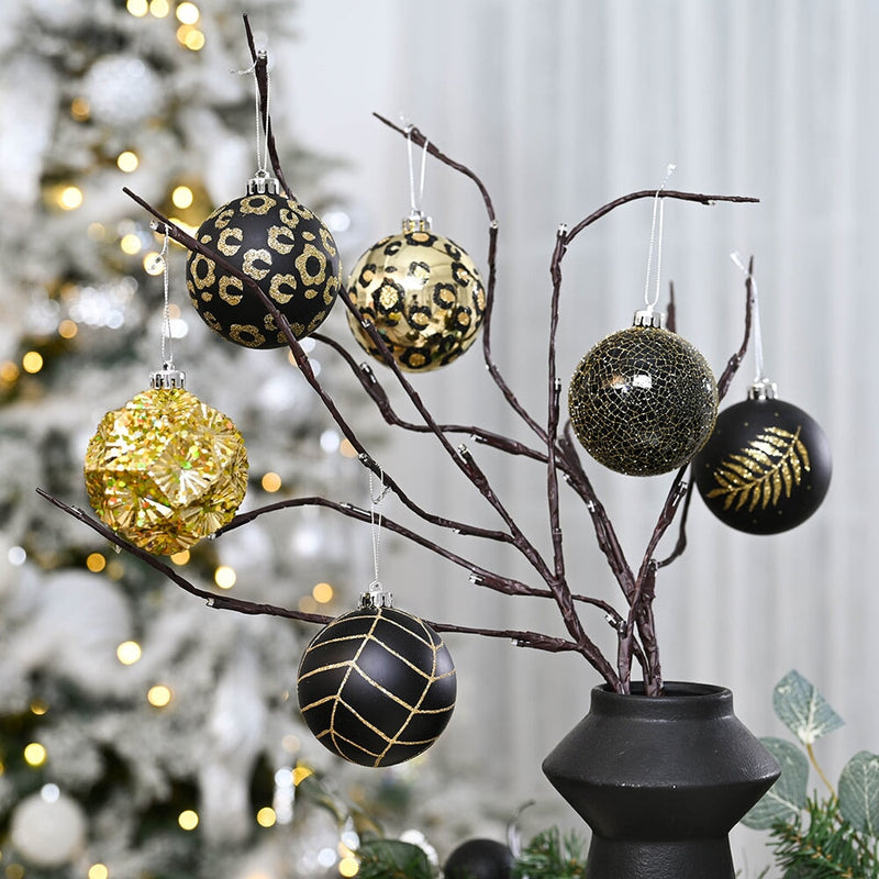 Vogue Black and Gold Ornament Set, Stylish Tree Set of 16 Glittery Baubles