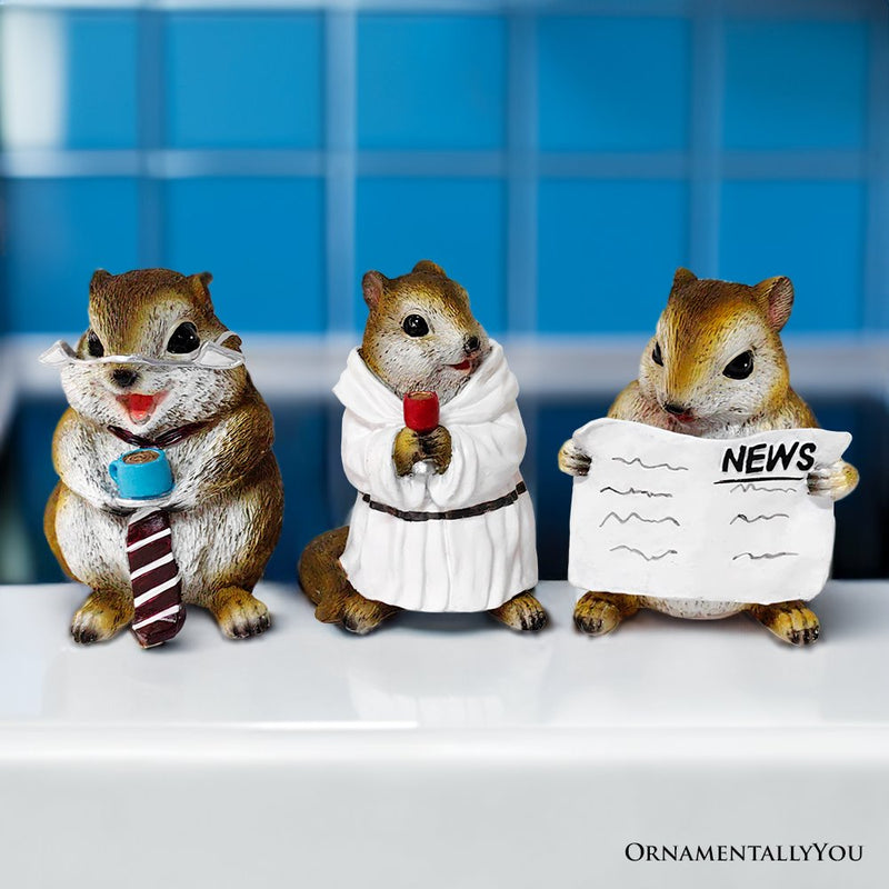 Whimsical Chipmunk Trio Set of Three Figurines, 5" Cute Desk Decor and Garden Statues