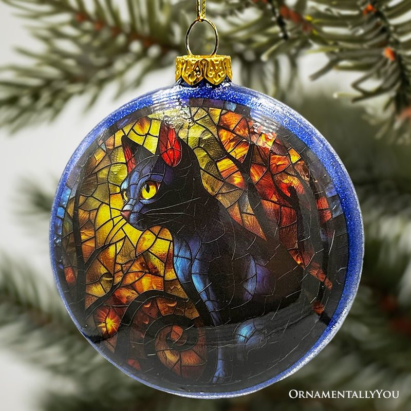Witch and Black Cat Stained Glass Handblown Ornament, Spooky Halloween and Christmas Tree Decor