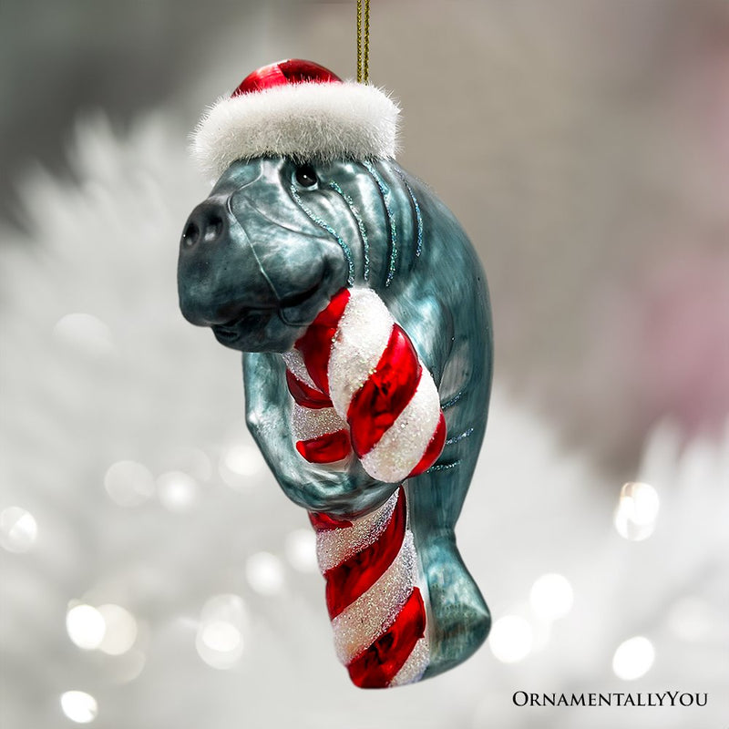 Aquatic Manatee Glass Christmas Ornament, Sea Cow Coastal Ocean Animal Holiday Decoration