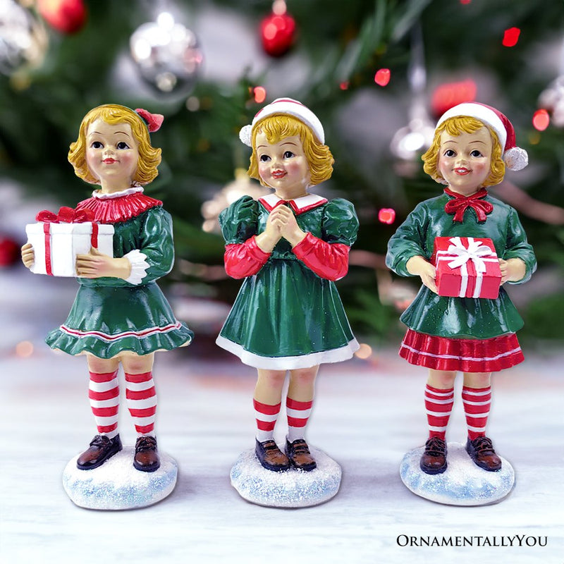 (Pre-Order) Elegant Victorian Christmas Girl Set of Three Figurines, 6" Holiday Home Decor