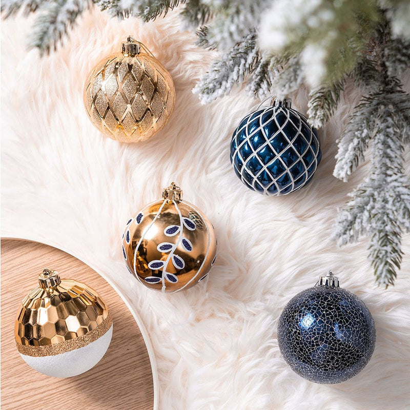 Festive Gold and Frosted Blue Assorted Ornament Bauble Bundle, Set of 16 Elegant Christmas Balls