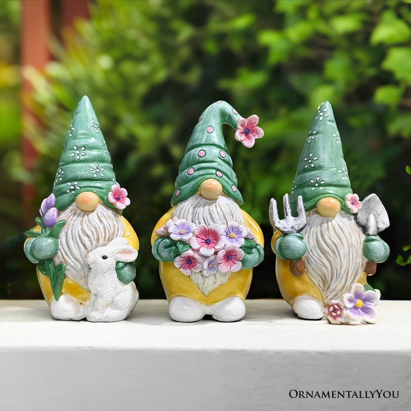 Garden Guardians Set of Three 6" Gardening Gnome Figurines, Floral Green and Yellow Statue Decor