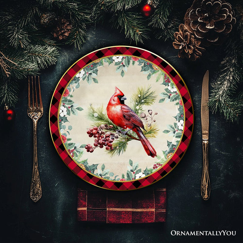 Decor Steals Special -  Holiday Cheer Set of 4 Plates with Real Gold Plaid Trim, Christmas Tableware Collection for Salad, Dessert, Appetizer, and Side Plates