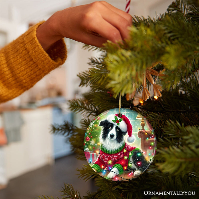 Playful Border Collie with Santa Hat Ornament, Festive Canine Christmas Decor