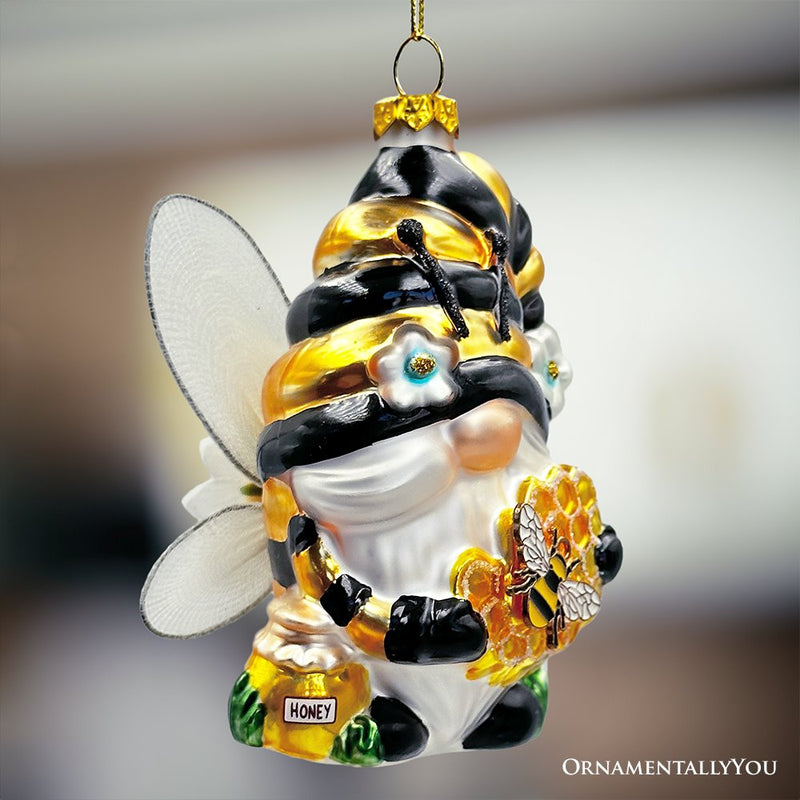 Sparkling Bee Gnome Glass Christmas Ornament, Bumblebee Themed Holiday Decor