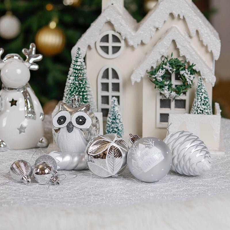 Winter Woodlands Large White and Silver Ornament Set of 90, Glittery Snow Owls, Cones, Snowflakes, and Stalactites