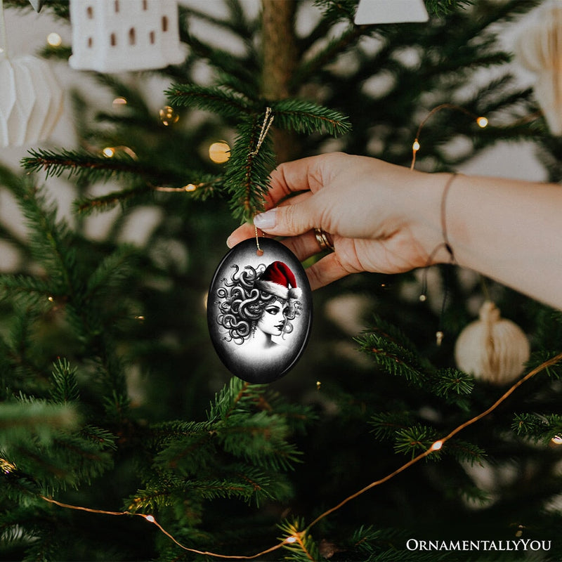 Bewitching Medusa with Santa Hat Ornament, Alluring Christmas Decoration for Halloween Tree Keepsake