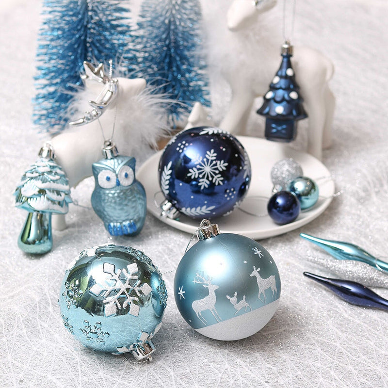 Blue and Silver Ornament Bundle Set, Owls and Glittery Winter Tree 80 Piece Set