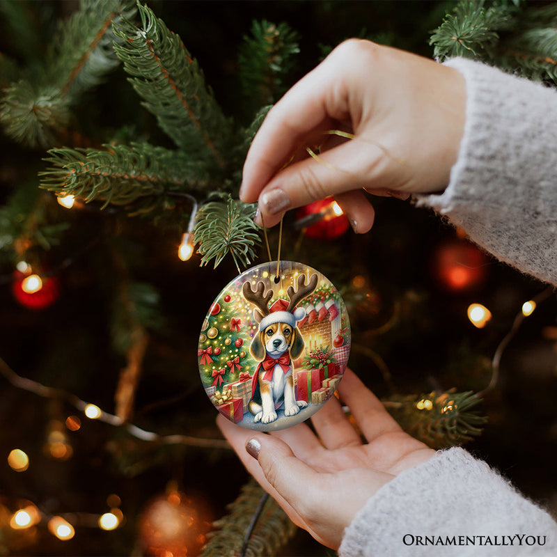 Cozy Fireplace Beagle Ornament, Snuggly Canine Christmas Gift and Decor