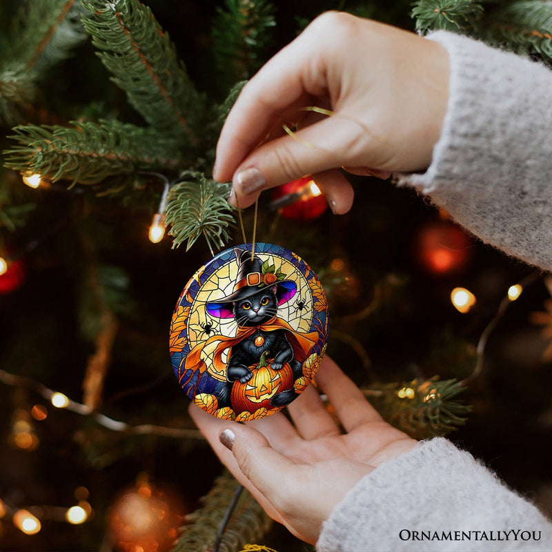 Enchanted Cat Witch Stained Glass Style Ceramic Ornament, Halloween Themed Christmas Gift and Decor