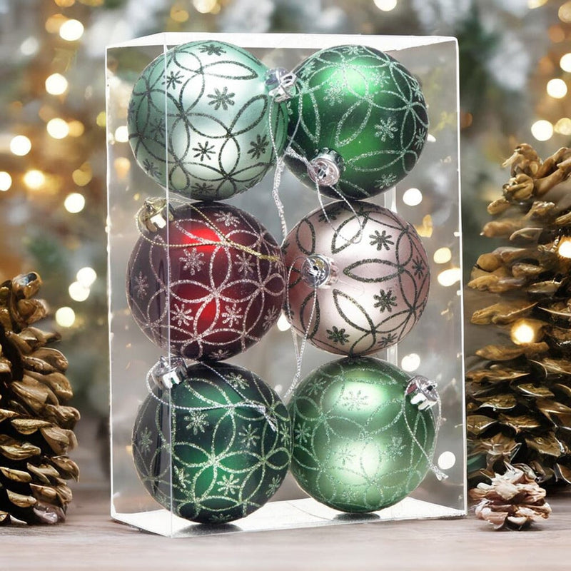 Enchanting Subtle Nature Ornament Bundle, Set of 6 Pine Green, Light Green, Mint Green, Pink and Matte Red Baubles