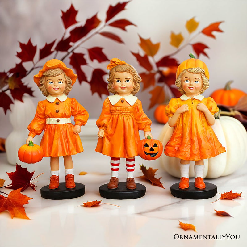 Inviting Pumpkin Girl Trio Set of Figurines, 6" Victorian Autumn Fall and Halloween Table Decoration