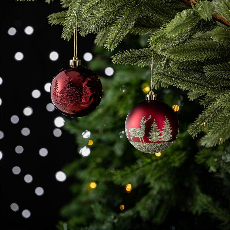 Majestic Winterly Nature Glittered Ornament Bauble Set, Red and Green Balls Bundle with Acorns, Snowflakes, and Spruce Tree Accents