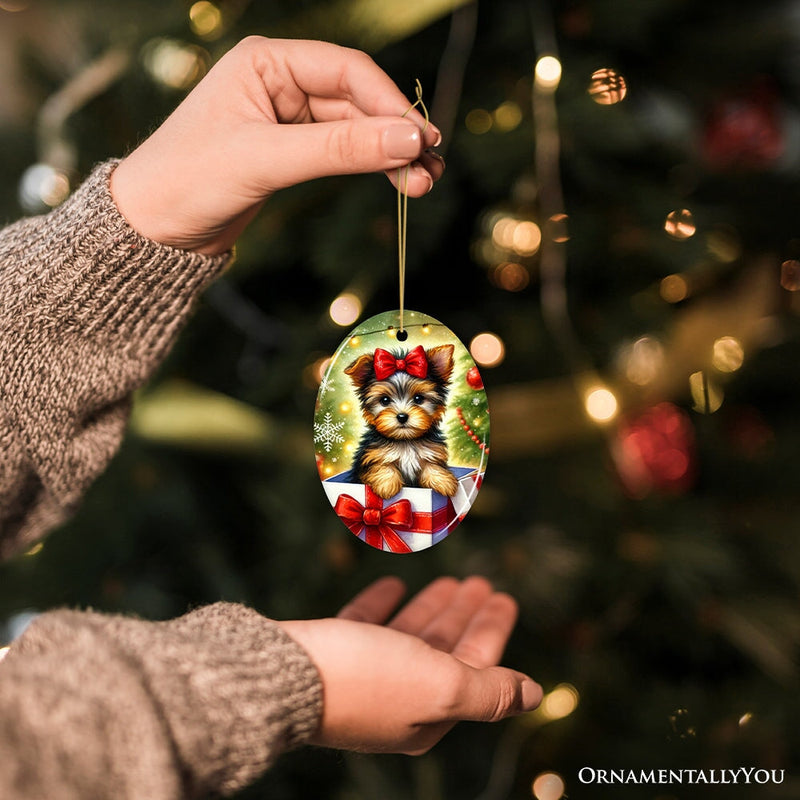 Precious Yorkshire Terrier Christmas Gift Ornament, Sweet Holiday Scene Decor