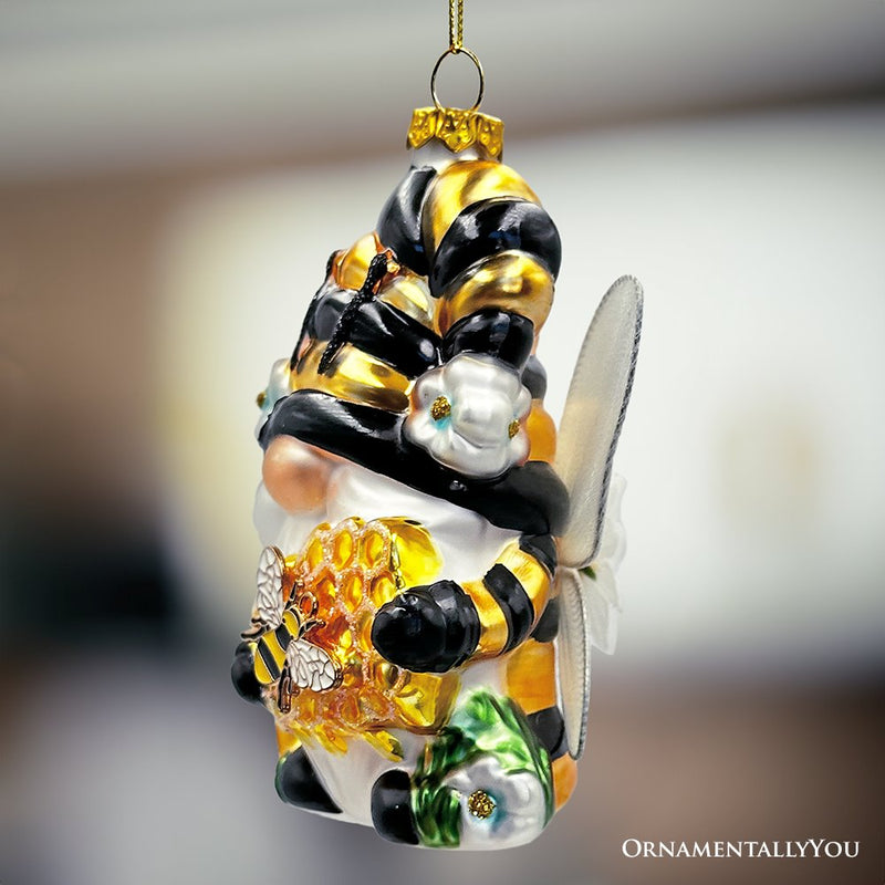 Sparkling Bee Gnome Glass Christmas Ornament, Bumblebee Themed Holiday Decor