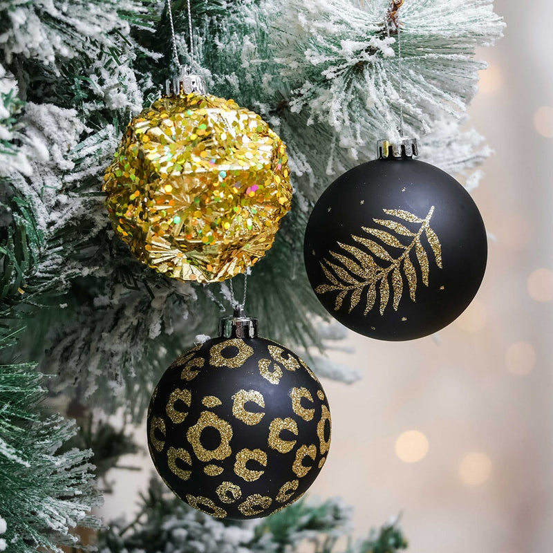 Vogue Black and Gold Ornament Set, Stylish Tree Set of 16 Glittery Baubles