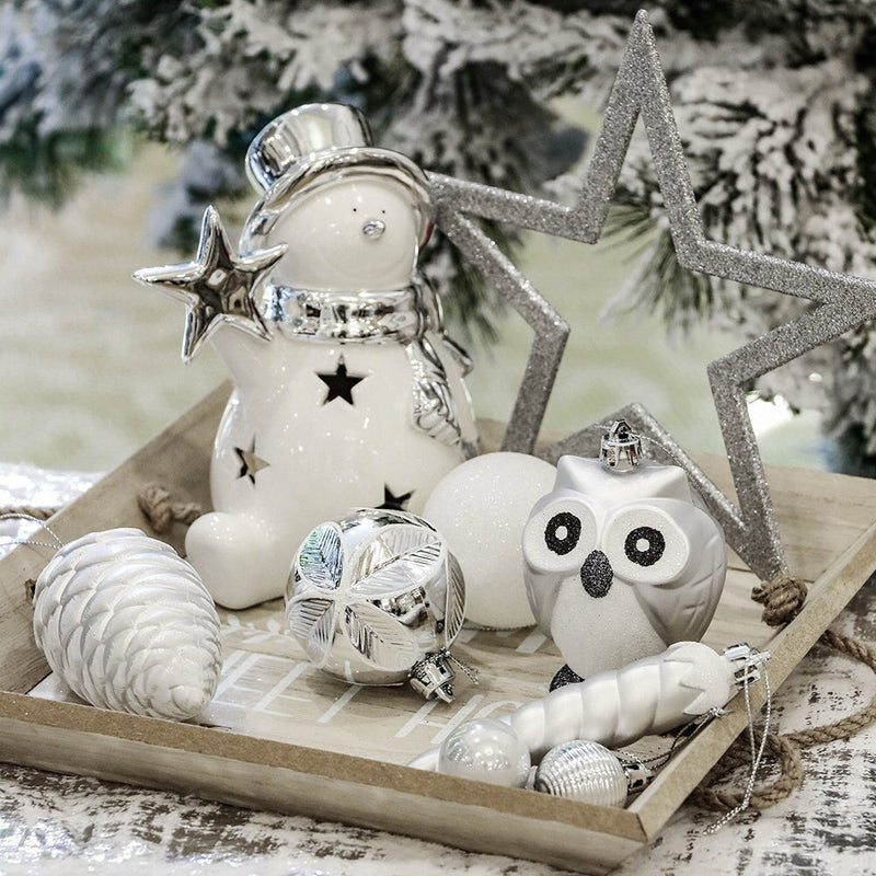 Winter Woodlands Large White and Silver Ornament Set of 90, Glittery Snow Owls, Cones, Snowflakes, and Stalactites