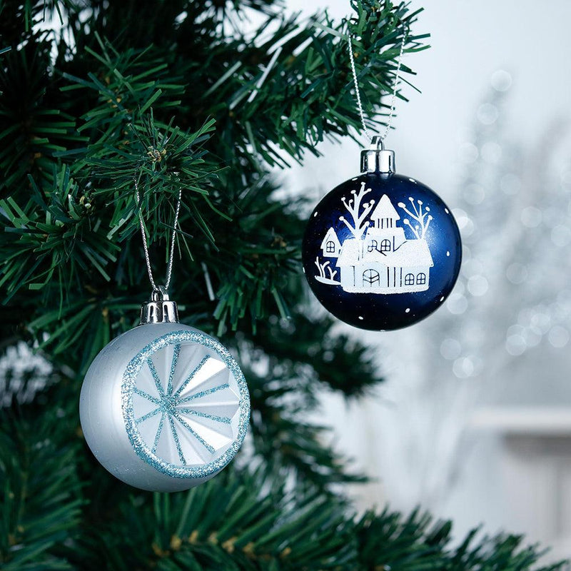 Elegant Blue Winter Theme Christmas Ornament Bundle, 9 Piece Snow and Tree Baubles