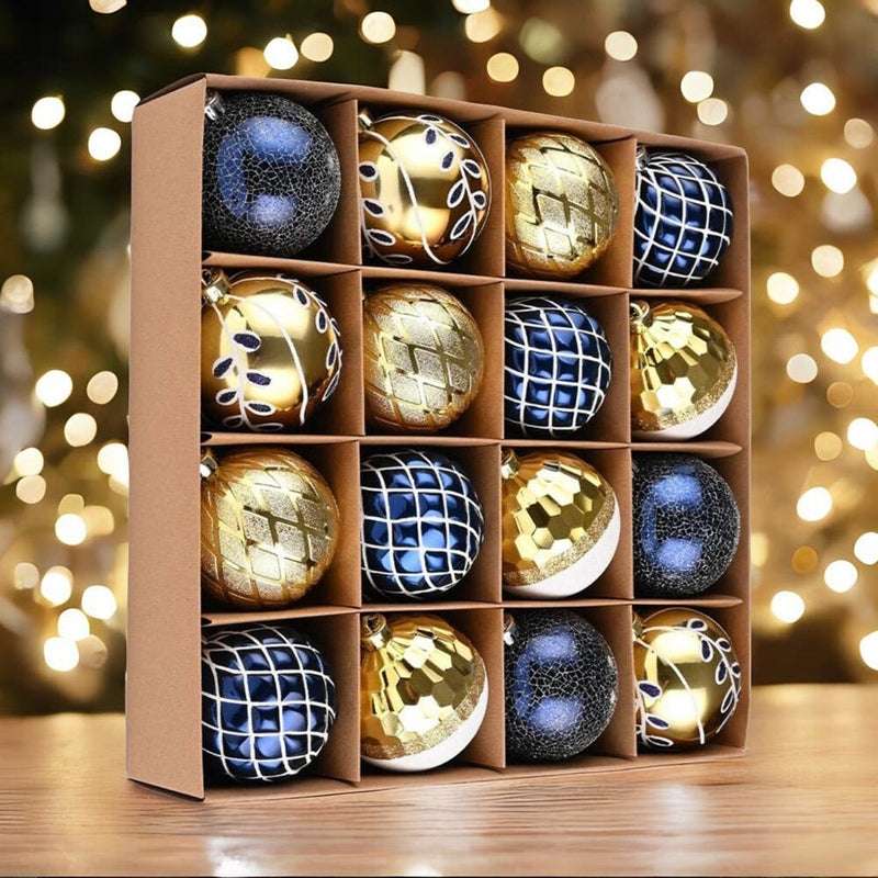 Festive Gold and Frosted Blue Assorted Ornament Bauble Bundle, Set of 16 Elegant Christmas Balls