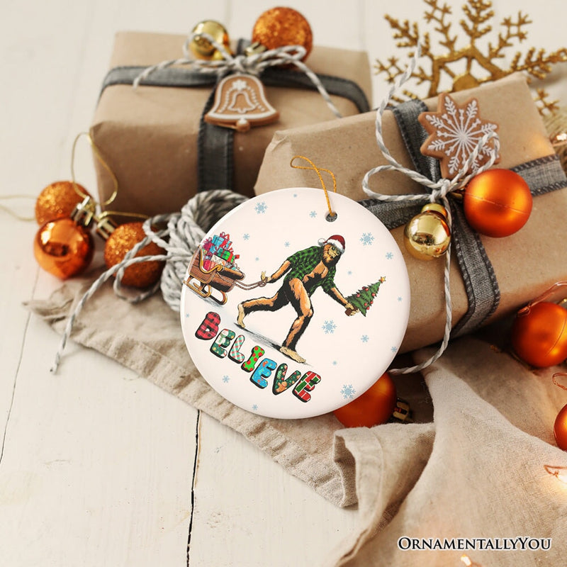 Funny Big Foot Believe Christmas Ornament, Sasquatch Humor Holiday Decor