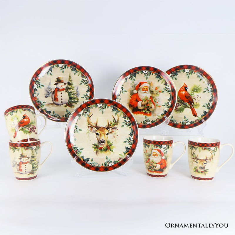 Decor Steals Special -  Holiday Cheer Set of 4 Plates with Real Gold Plaid Trim, Christmas Tableware Collection for Salad, Dessert, Appetizer, and Side Plates