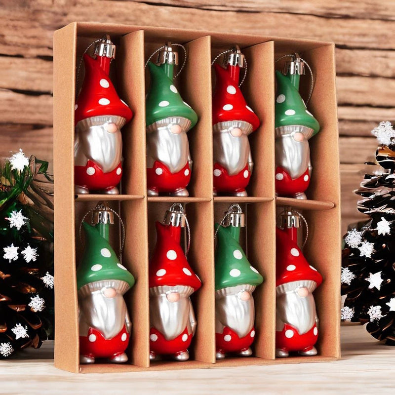 Red and Green Polka Dot Christmas Folksy Gnome Ornament Set, 8 Shatterproof Tree Gnomies