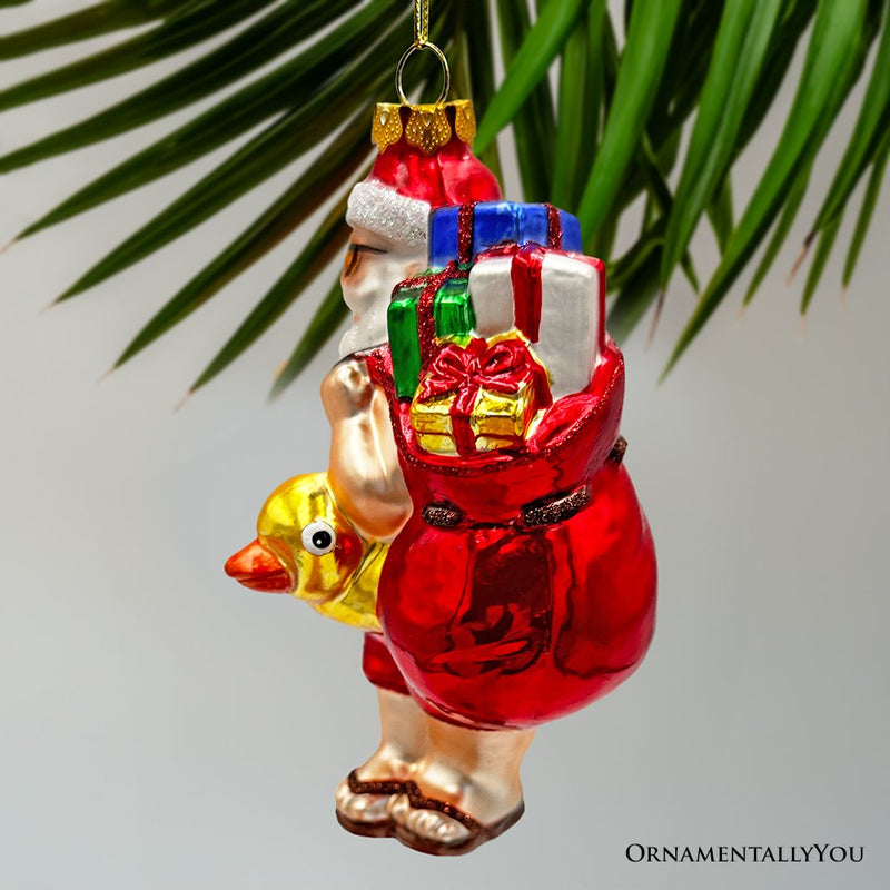 Santa on Summer Vacation in the Pool Quirky Glass Christmas Ornament, Rubber Duckey Tropical Holiday Decor