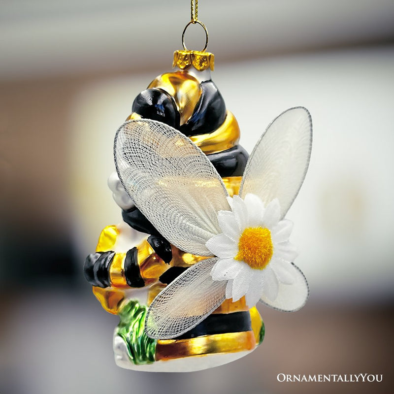 Sparkling Bee Gnome Glass Christmas Ornament, Bumblebee Themed Holiday Decor