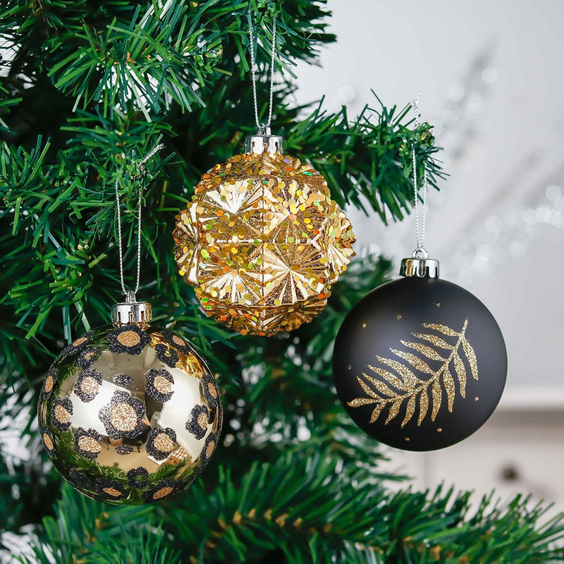 Vogue Black and Gold Ornament Set, Stylish Tree Set of 16 Glittery Baubles