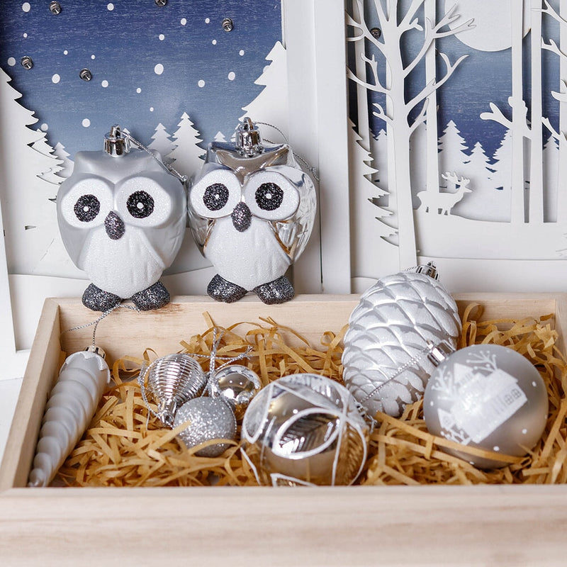 Winter Woodlands Large White and Silver Ornament Set of 90, Glittery Snow Owls, Cones, Snowflakes, and Stalactites