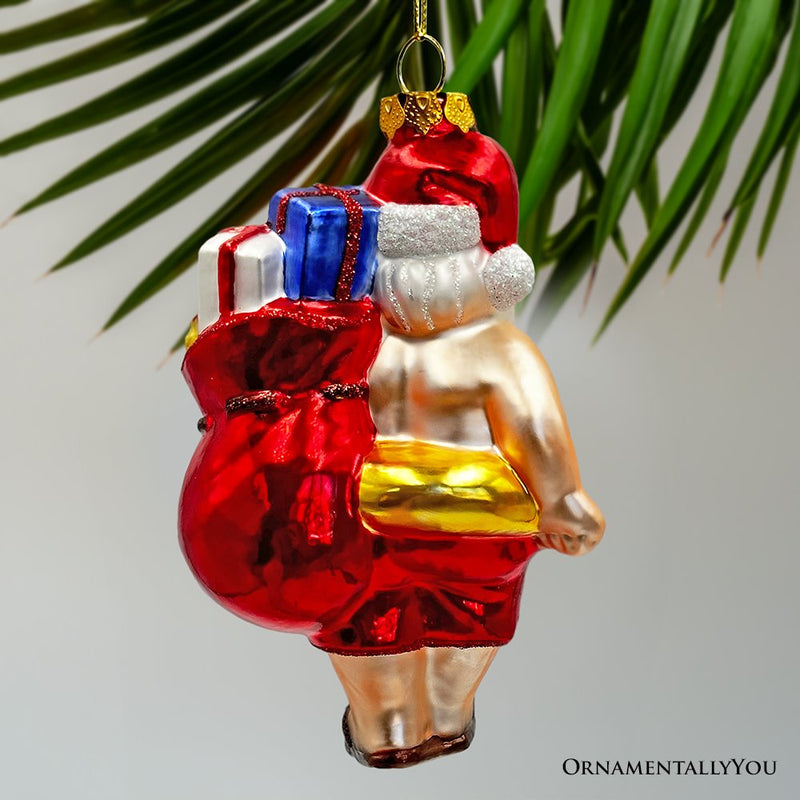 Santa on Summer Vacation in the Pool Quirky Glass Christmas Ornament, Rubber Duckey Tropical Holiday Decor