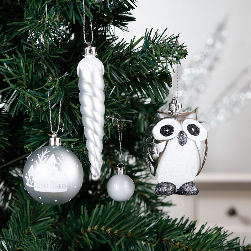 Winter Woodlands Large White and Silver Ornament Set of 90, Glittery Snow Owls, Cones, Snowflakes, and Stalactites