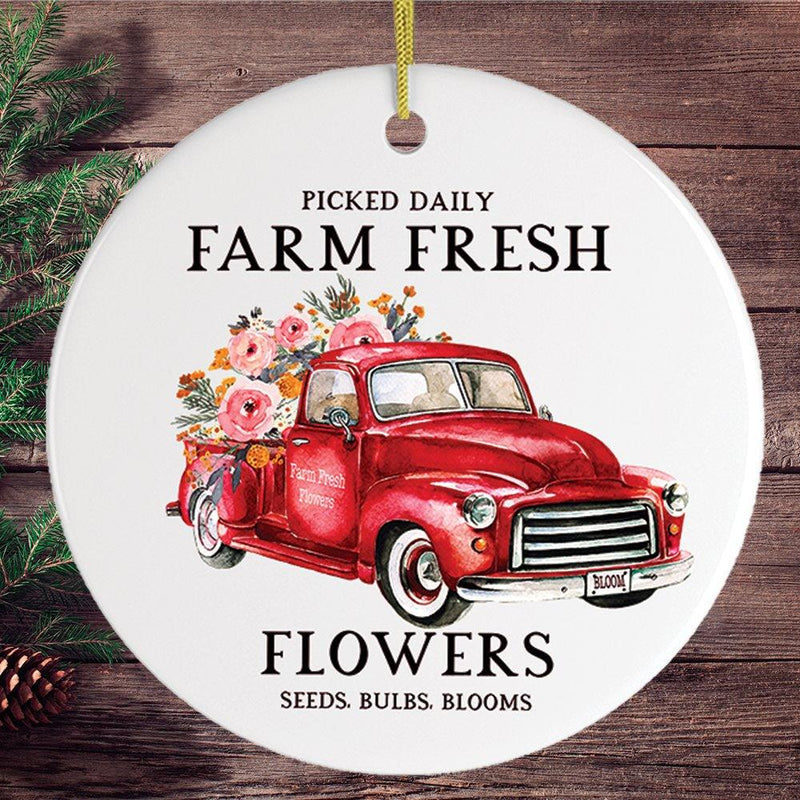 Artistic Red Truck and Farm Flowers Christmas Ornament