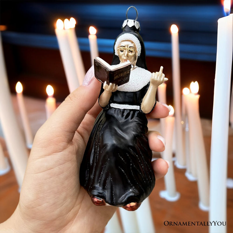 Eccentric Gothic Smoking Nun Glass Ornament, Unique Halloween and Emo Home Decor