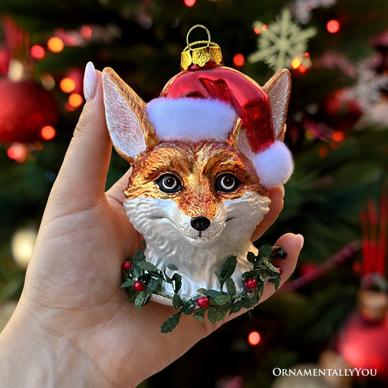 Fox with Santa Hat Glass Christmas Ornament, Woodland Animal Wreath Gift Decor