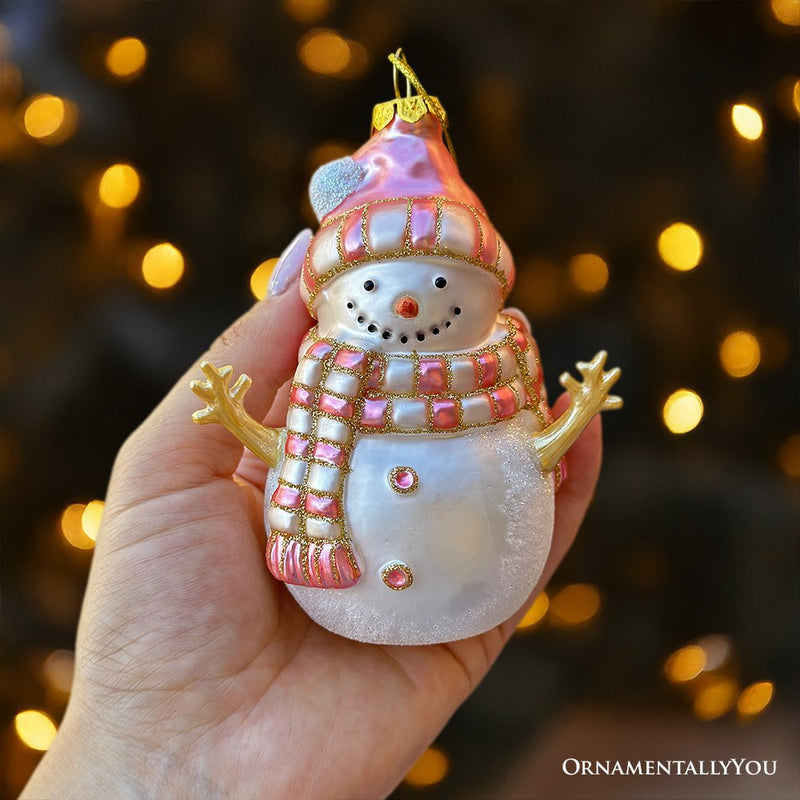(Pre-Order) Pink Snowman Glass Ornament, Eclectic Christmas Tree Decor