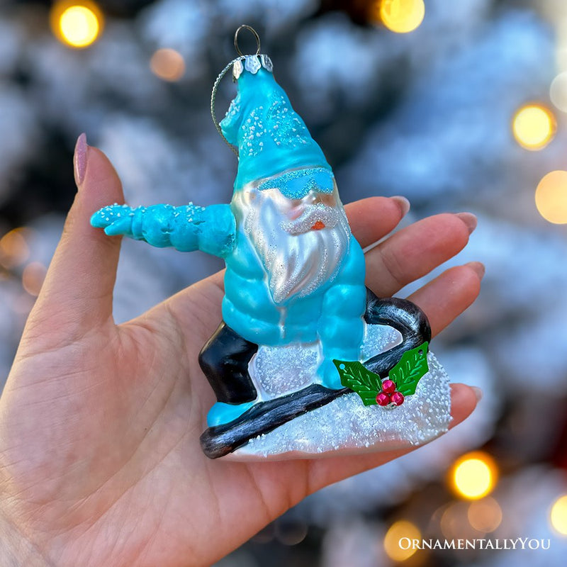 Snowboarding Gnome Glass Christmas Ornament, Winter Blue Aspen Tree Decor