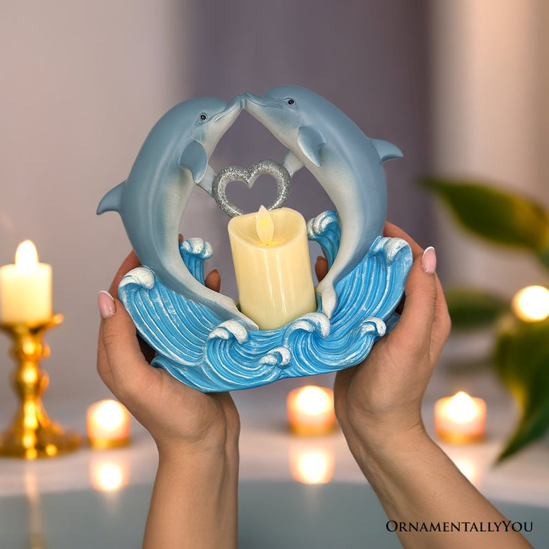 Tides of Affection Dolphin Figurine and Tealight Candle, 7" Romantic Tabletop Valentine or Anniversary Gift