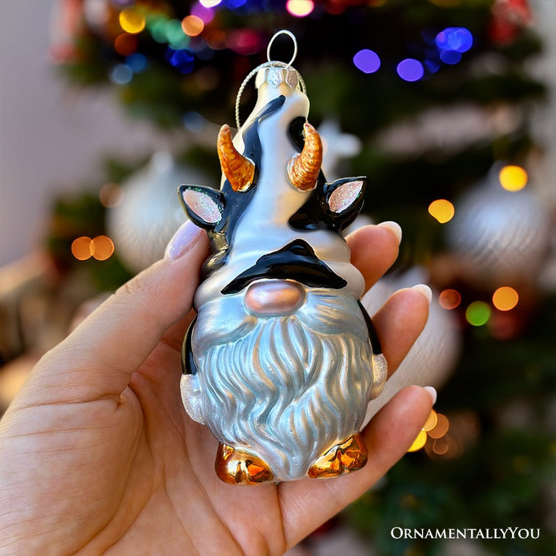 Whimsical Gnome Cow Handblown Glass Christmas Ornament, Cute Holiday Decor